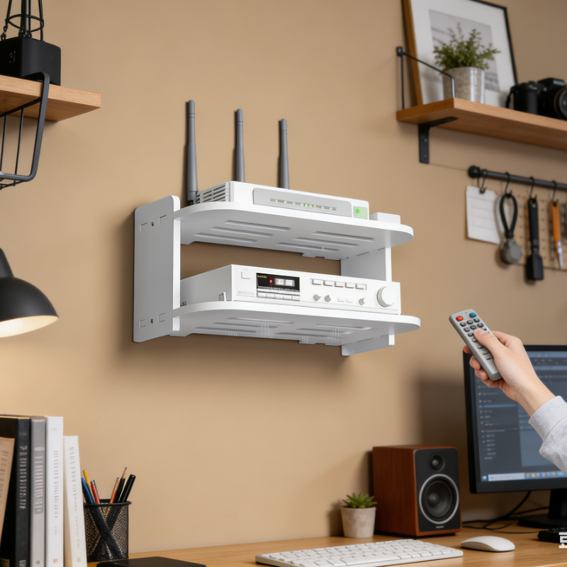 E-shop 2-stöckiger, wandmontierter WLAN-Router-Organizer, mit atmungsaktivem Router-Platzhalter – Router-Aufbewahrungsregal ohne Bohren, wandmontierter