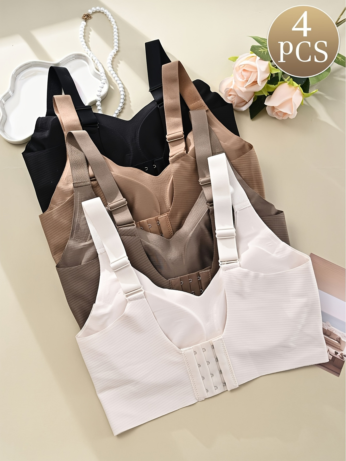 comfortable bra 4pcs comfortable seamless womens bra elegant blend of nylon and spandex wide shoulder straps soft support no underwire   in beige white black casual bras Product details 1