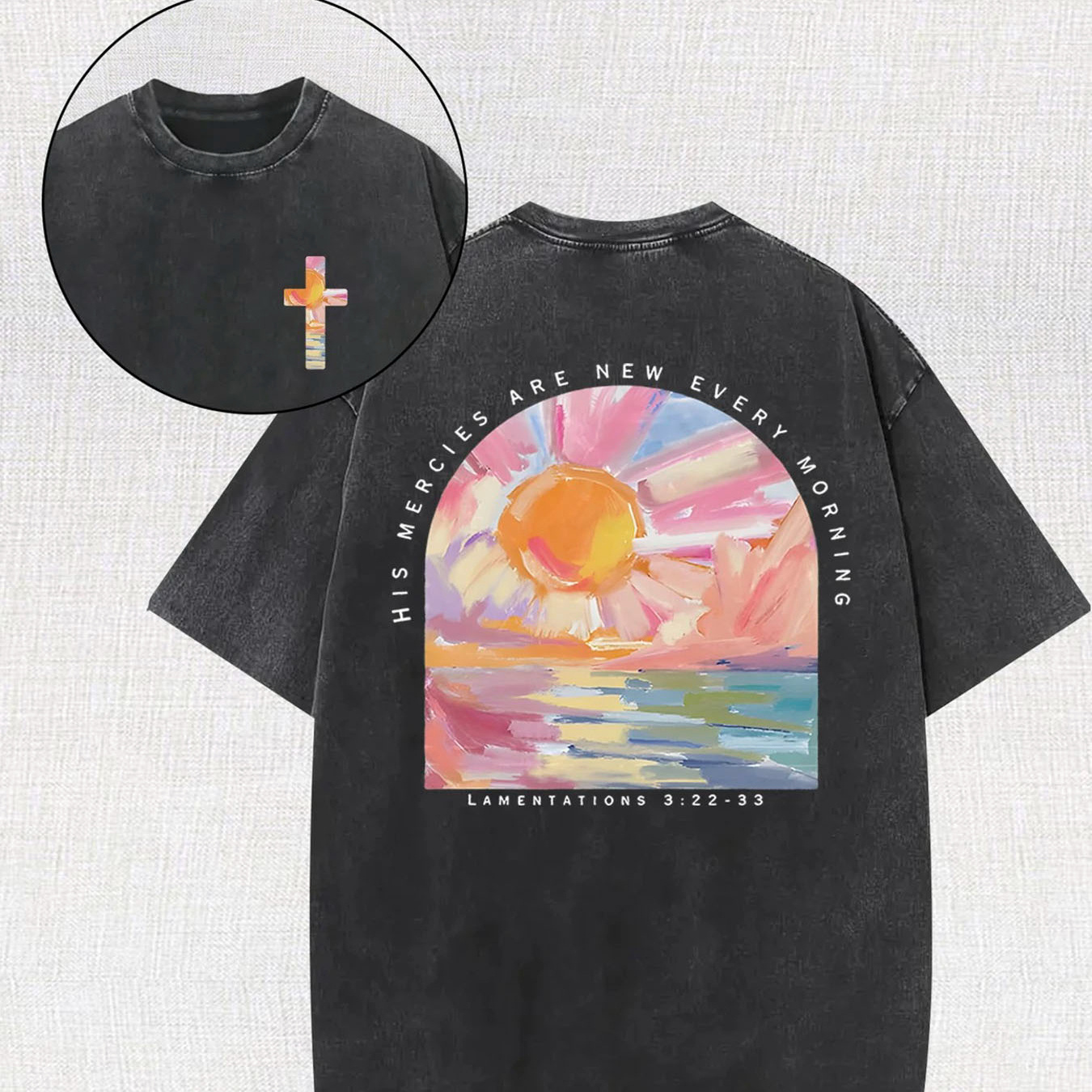 Men's Y2K Streetwear 230G Heavyweight Cotton T-Shirt - Dual-Sided Washed Vintage Look with "He Pities Every Day" Cross & Sunrise Graphic Print, Loose Fit Round Neck Short Sleeve Tee for Casual Outdoor Wear, Machine Washable, Great Gift Idea