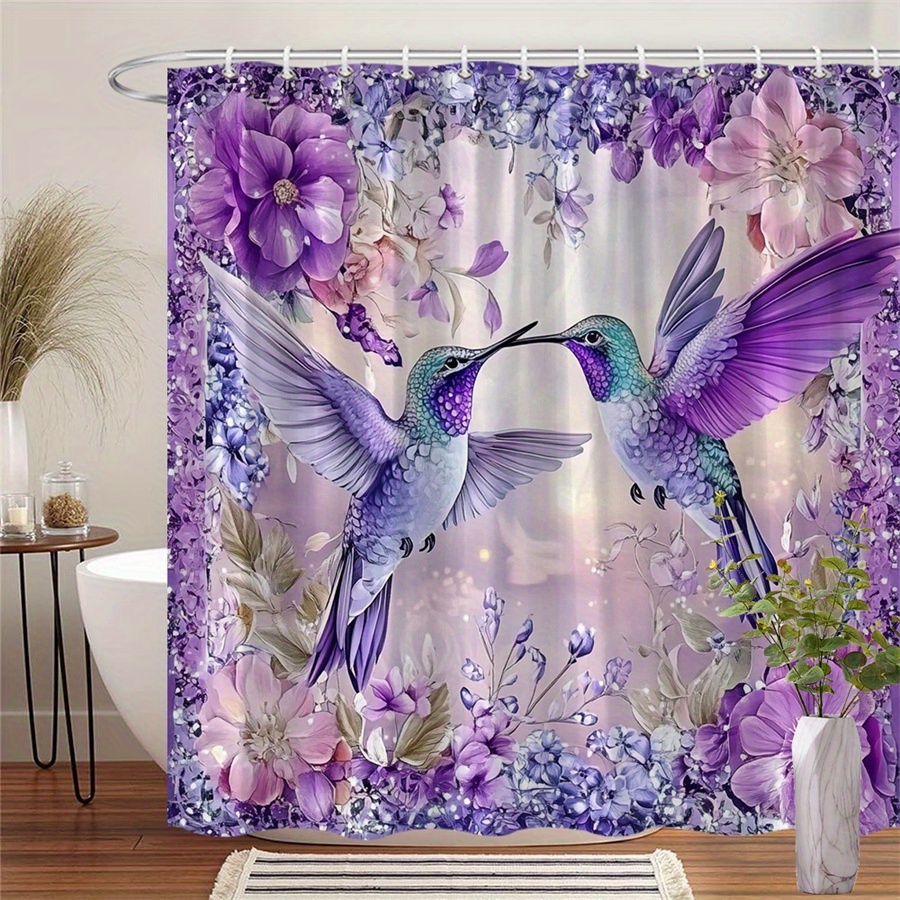 TEMU 1pc Vibrant Hummingbirds Floral Shower Curtain - Purple Pink Flowers & Romantic Background , Durable Polyester Fabric, Machine Washable With 12