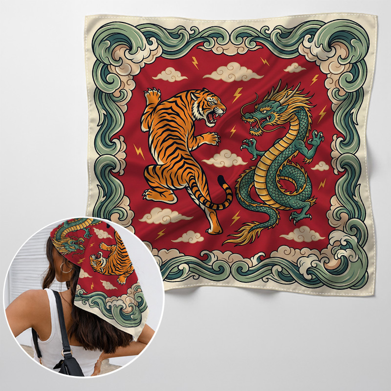 TEMU Pañuelo cuadrado de 1 pieza con tigre y tradicional oriental - vintage chino/ Key, para mujeres y hombres, para envolver el cabello, bandana,
