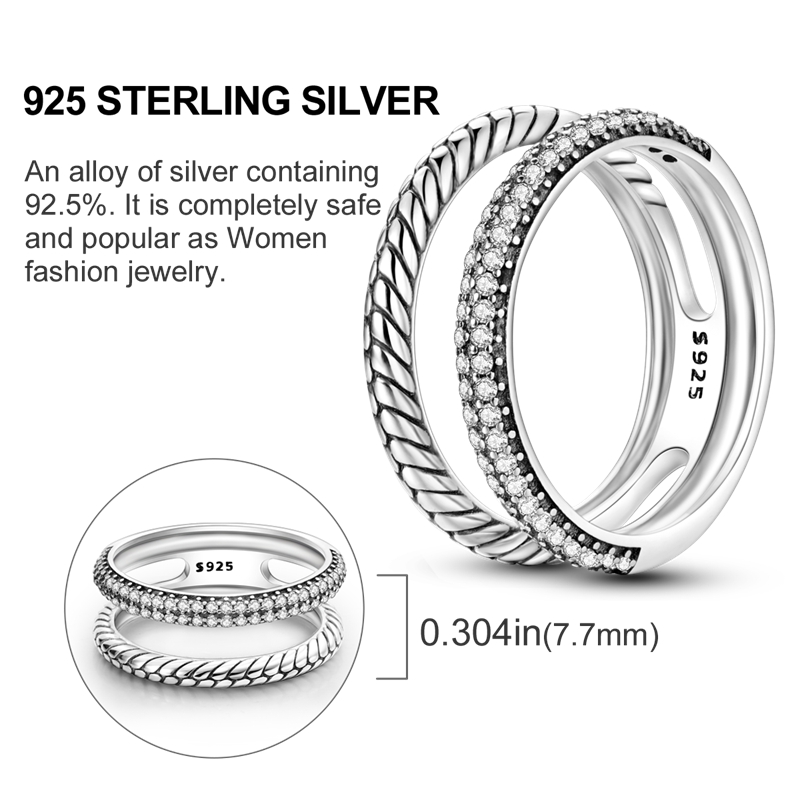 Women's 925 Silver Double Row Pave Snake Bone Texture Ring