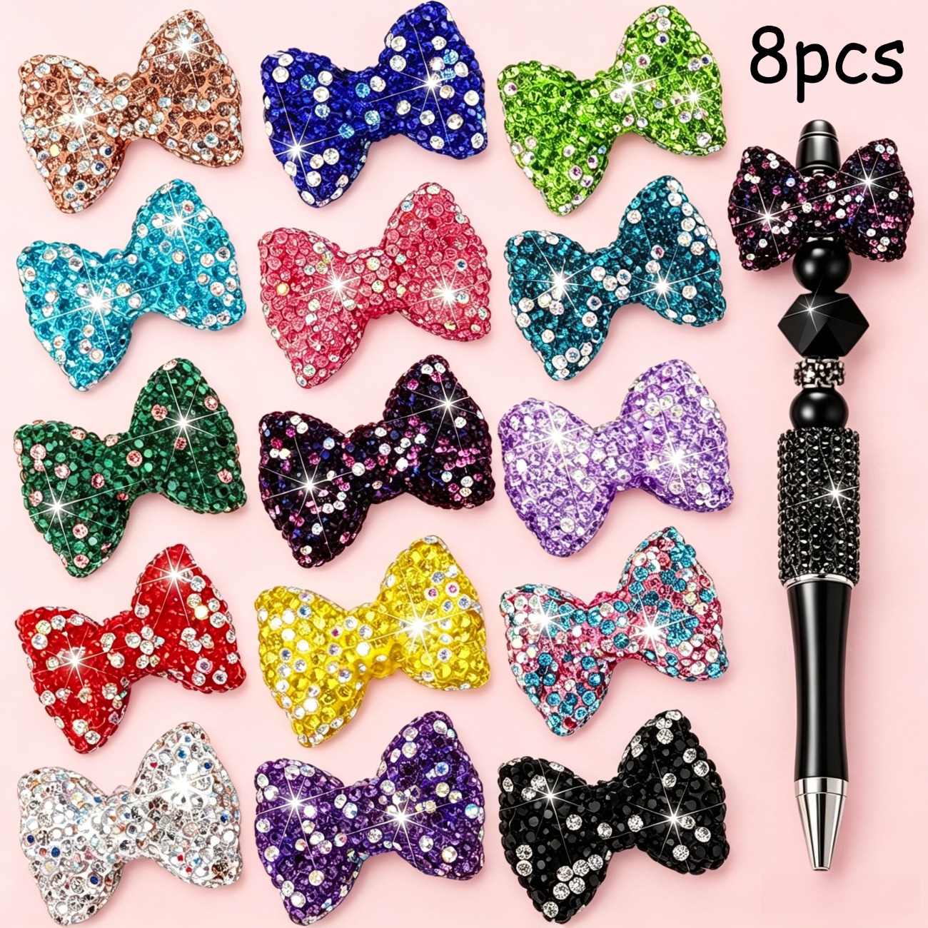 TEMU 8pcs Sparkling Bow Bead 30mm Multicolor Clay Beads For Beading Pen Keychain Women Craft Making (random Color)