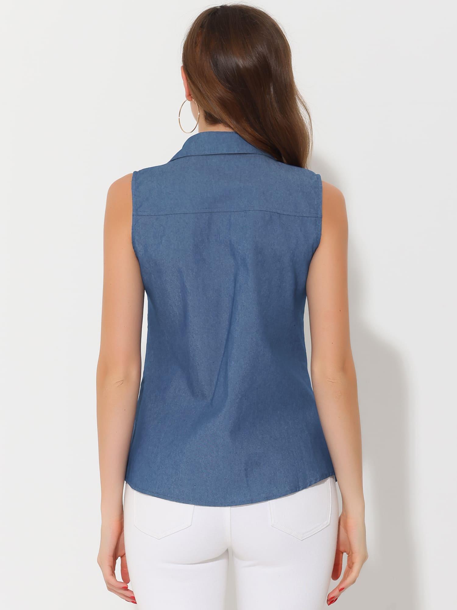 Camisa de botón de denim para mujeres manga corta con cuello y cuello de  de chambray