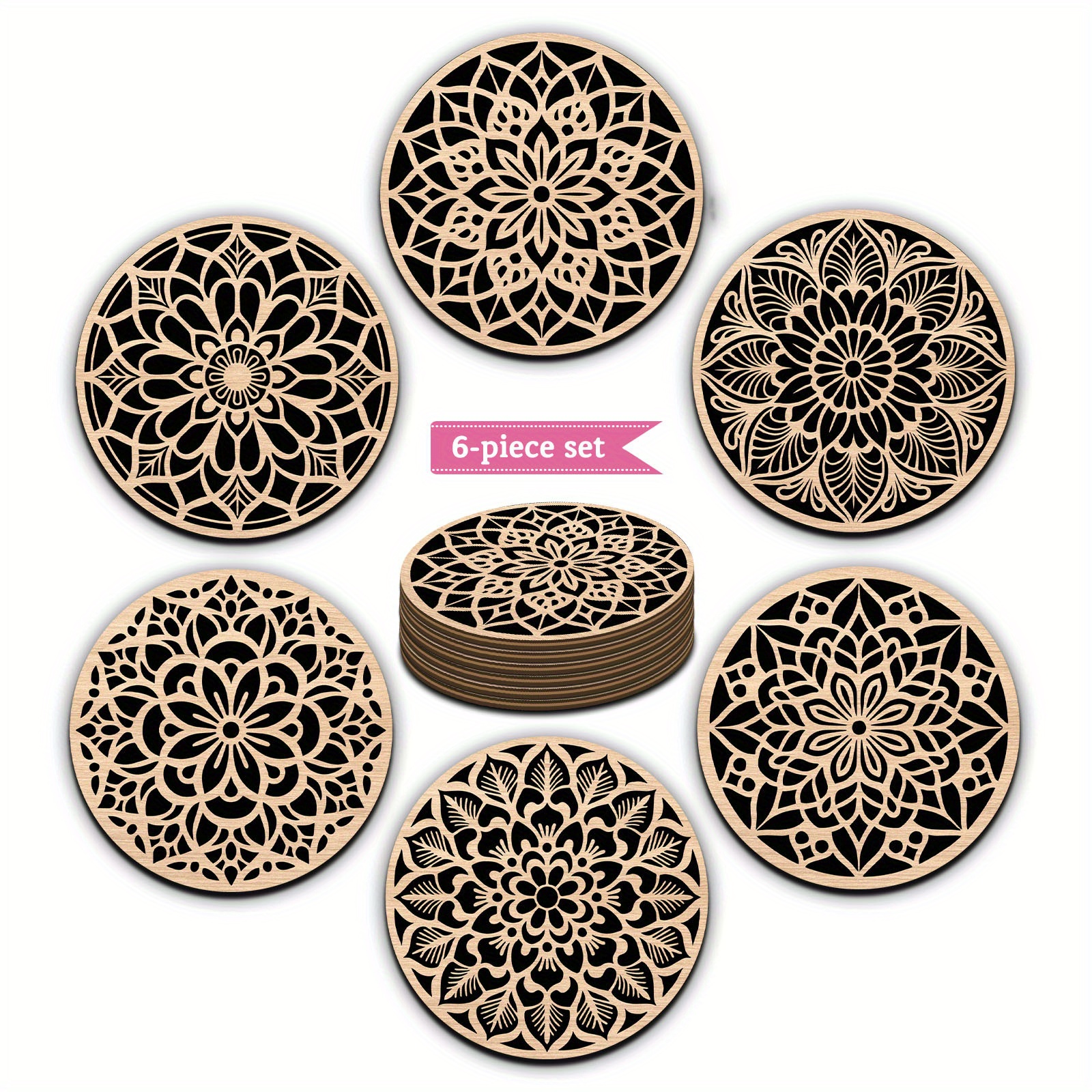 TEMU Set Of 6 Creative Round Wooden Coasters With Intricate Designs - Perfect For Beverages, Coffee, And Tea - An Ideal Decorative Gift For Home And