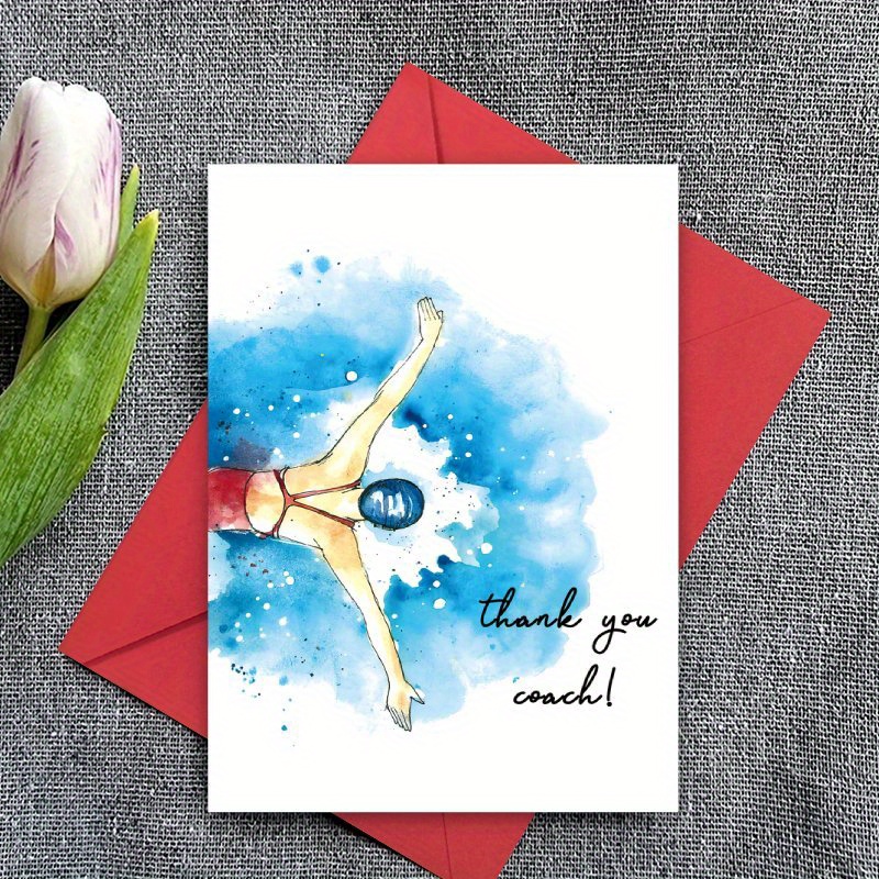 TEMU 1pc Swimming Thank You Card For Water Birthday Or End-of-season Gift, With Swimming Design (number '1' Medal Pattern), Blue Watercolor Splatter
