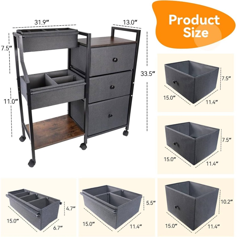 3 Tier Rolling Cart Diaper Caddy Organizer and Storage | with Drawers and Dividers, Essentials Cart for Nursery, Bedroom, Changing Table, Crib