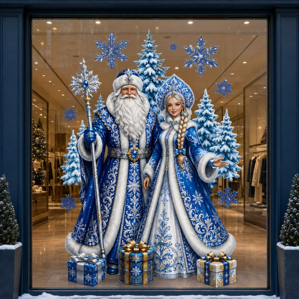 TEMU 2D Flat - 2D Flat - 2D Flat Blaue Schnee-Land Weihnachtsmann Weihnachtsmann Schneefrau Fensterdekoration Aufkleber Statik Fensterfolie Winter