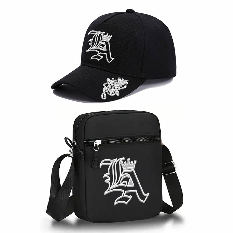 TEMU 2pcs La Crown Letter Printed Baseball Caps And Men's Women's Crossbody Bags - Adjustable Y2k Streetwear For Outdoor Sports, With La Crown Curved