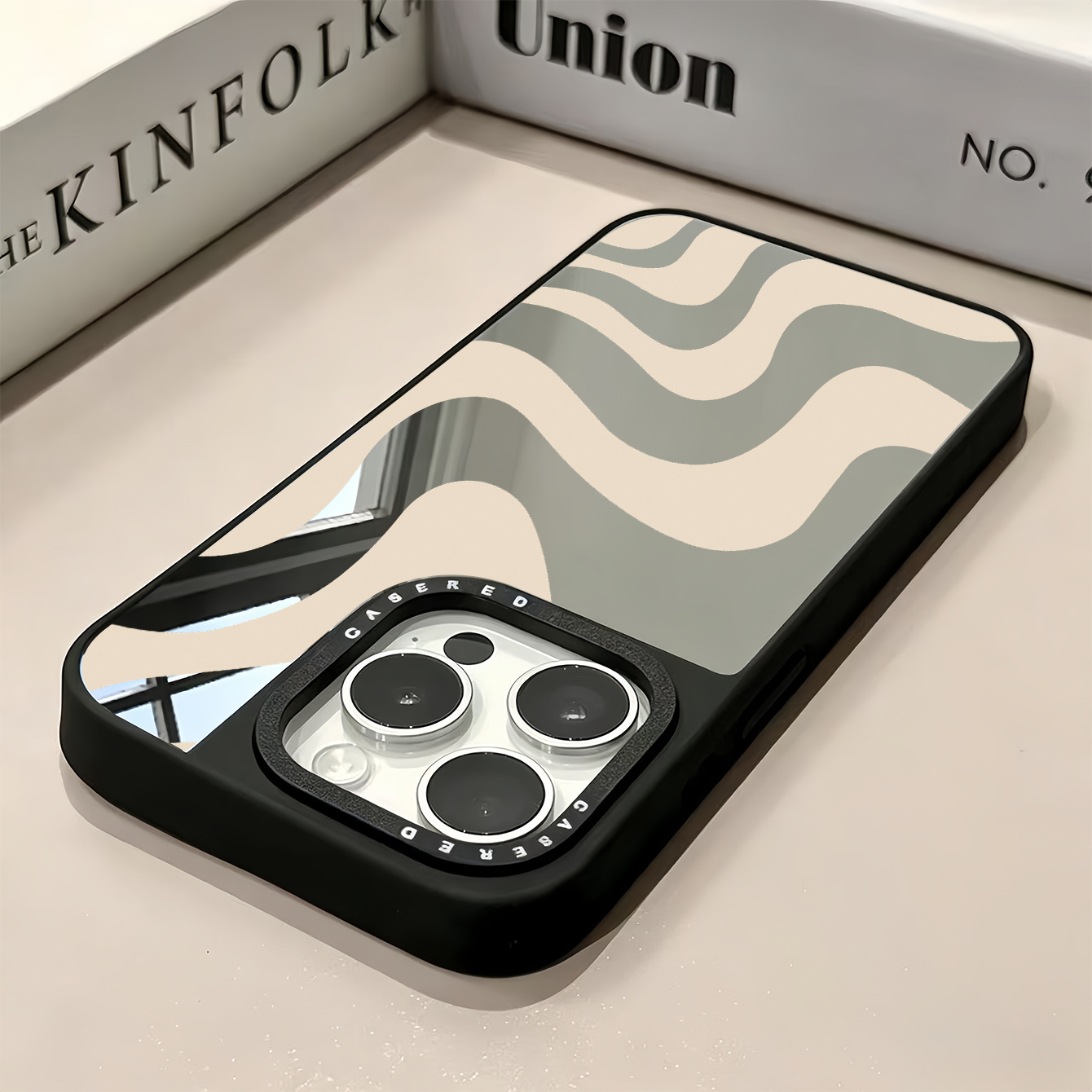 TEMU Phone Case - Easy Milk Coffee Gray Wavy Mirror Printed Phone Case High Toughness Frame Anti-scratch Wear-resistant Lens Raised Daily Commute