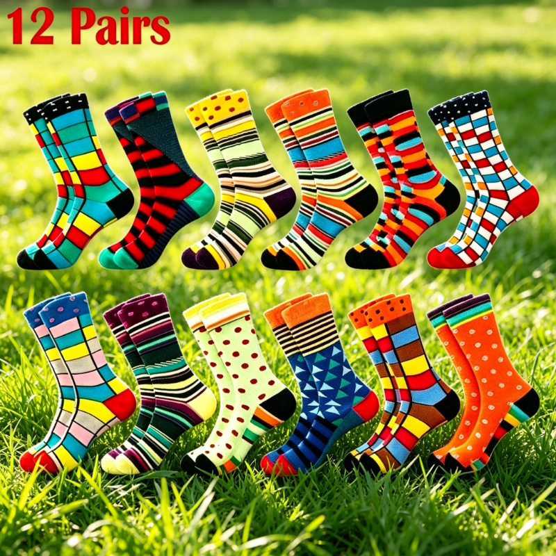 TEMU 12-pair Valporia Men's & Women's Vintage Mid-calf Socks - Multi-pair Pack Suitable For School, Office, Travel | Striped, Checkered & Polka Dot