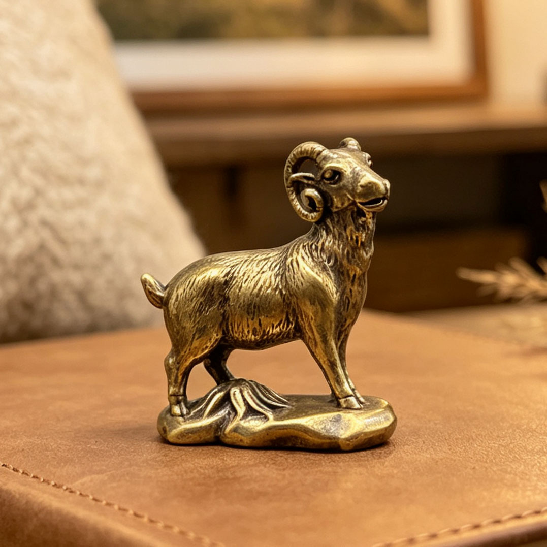 TEMU Vintage Brass Base Goat Figurine Ornament, Detail-carved Small Animal Statue For Desk, Bookshelf, Tabletop Display, European And Decor For