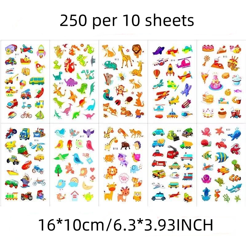 TEMU 250pcs 10 Sheets 2d Flat Stickers, Animals, Butterflies, Cars, Etc., Suitable For Laptops, Phones, Scrapbooks, Journals, Party Favors, Arts And
