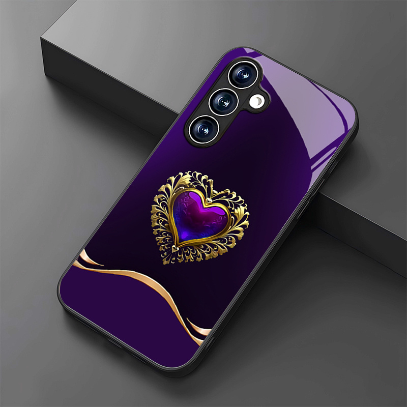 TEMU Phone Case: Fashionable And Creative Deep Purple Heart Trendy Pattern Glass Phone Case For Galaxy S26/s25/s25 Plus/s25 Ultra/s24/s24 Fe/s24