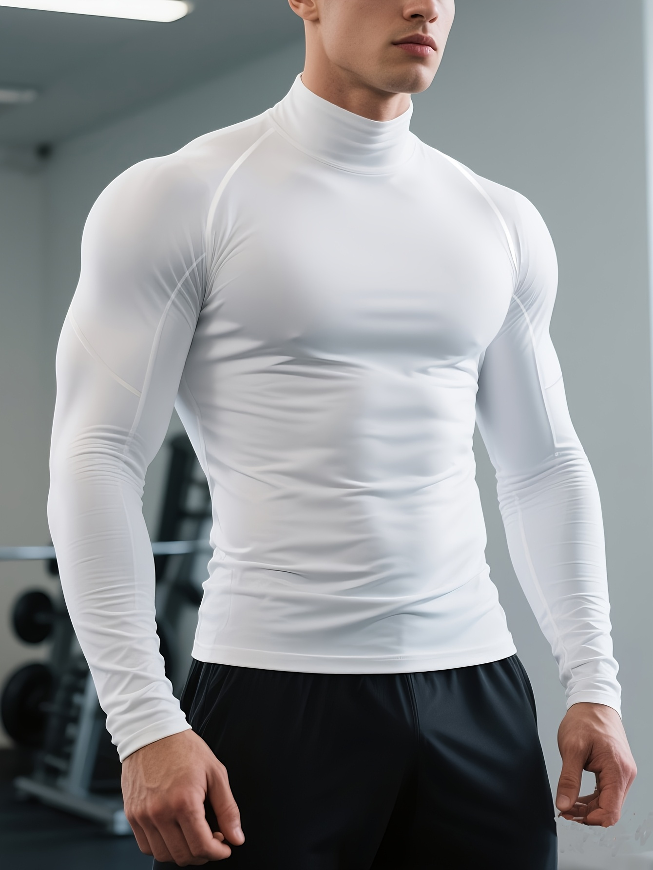 mens quick dry stretch fitness shirt high neck long sleeve workout top   gym boxing shirt for   moisture wicking athletic performance apparel gym clothes training top sporty look stretchy fabric activewear top  