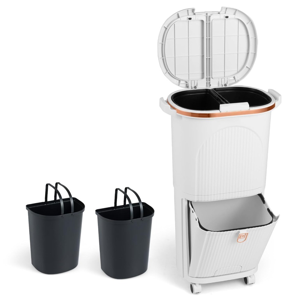 38l Dual-compartment Plastic Kitchen Trash Can | 2 Lids, 2 X 12l Removable Buckets, 14l Pedal Bin With Wheels And Handle For Waste Sorting
