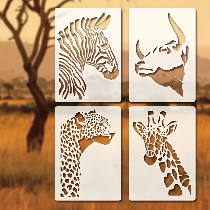 TEMU 4 pochoirs réutilisables d'animaux de la savane africaine - uniques de léopard, de bœuf, de zèbre et de - Artisanat, art mural, meubles, modèles