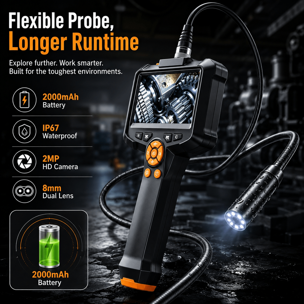 Image of 10m Industrial Hd Digital Borescope, 1080p Hd Endoscope Camera With 8 Adjustable Lights, 4.3' Ips Lcd Screen, Ip67 Single Lens, Usb Powered, Ideal For , Home Sewer , Pipeline Repair