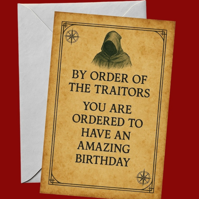TEMU 1pc Traitor-themed Birthday Card | Medieval Parchment Style | Humorous Tv Show | " Traitor" | Figure Design