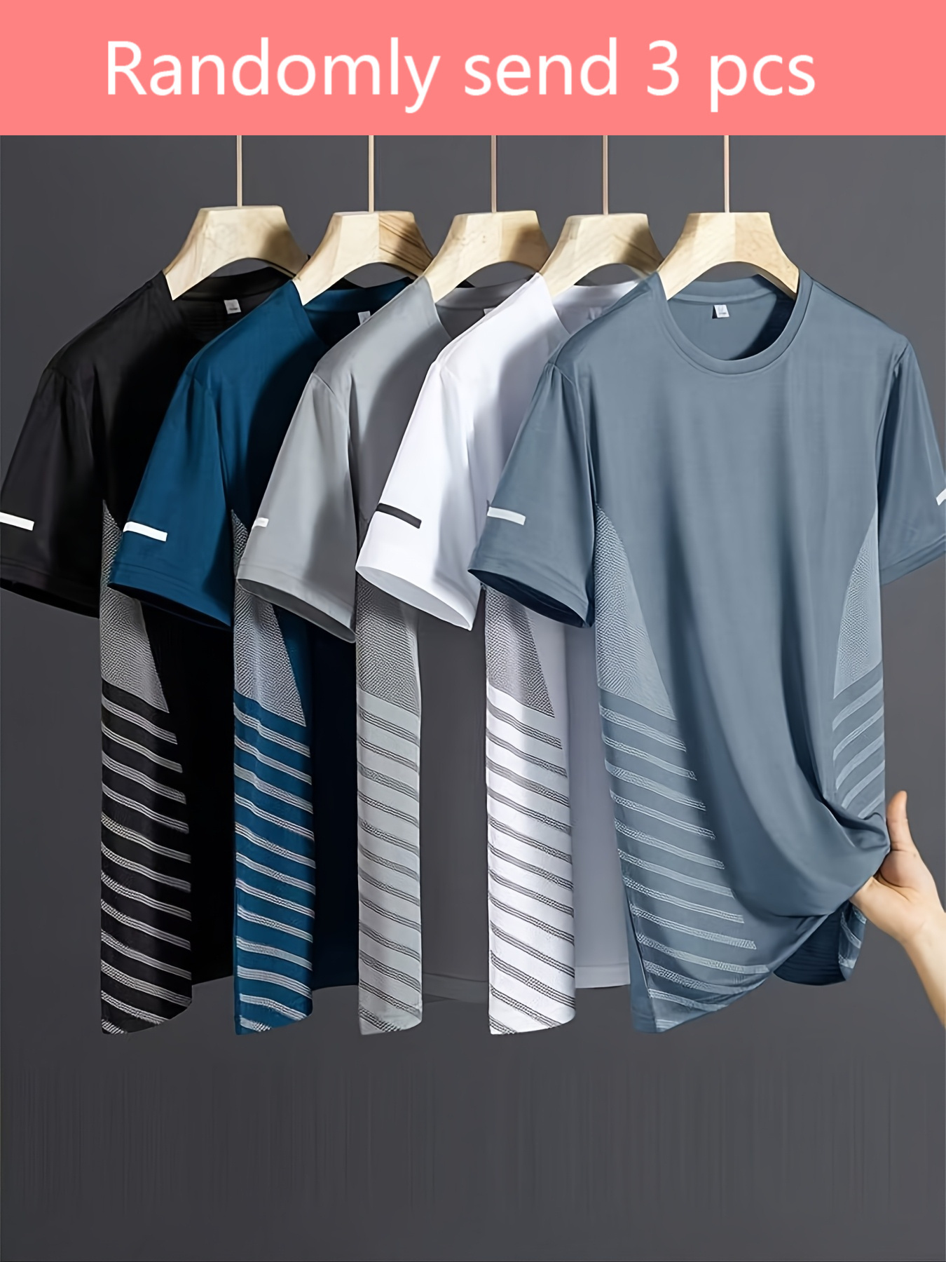 item picture 3pcs mens t shirts cheap random mens sports t shirts breathable striped   training short sleeve t shirts quick dry ice silky plus size