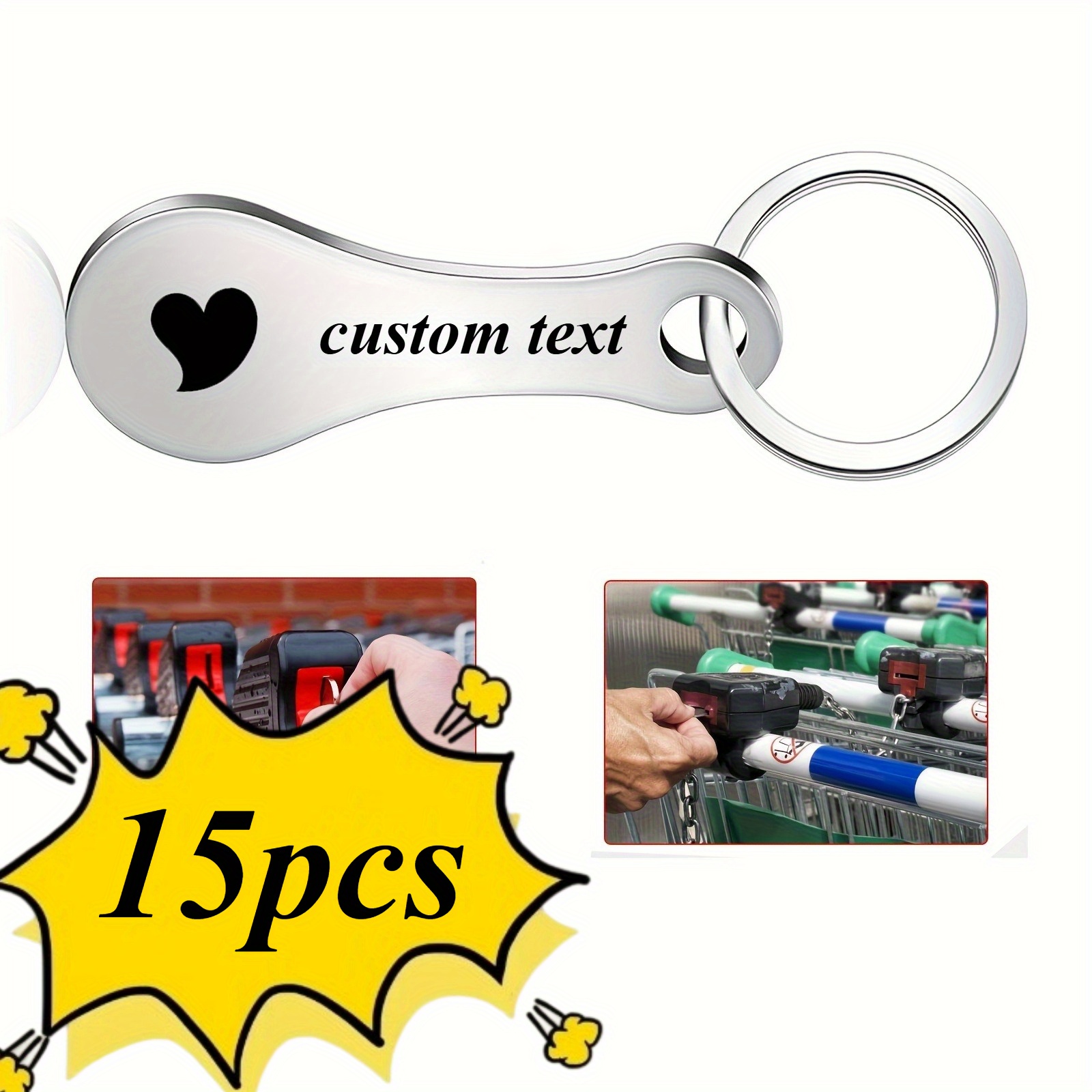 TEMU 15 Custom Laser-engraved Stainless Steel Shopping Cart Keychains - Heavy-duty Double-sided Personalized Tokens With Custom Text/phone/, Suitable