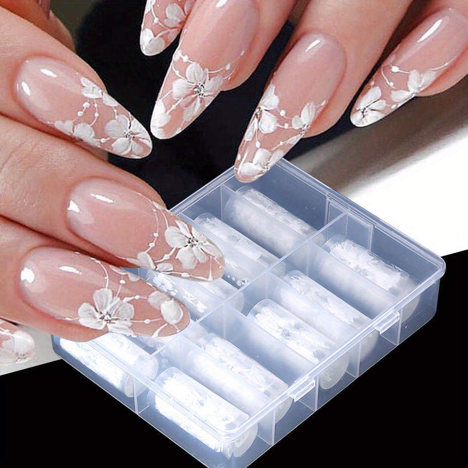 Image of 10 Rolls Temporary Nail Transfer Foils Suitable For Wedding, Bridal & Special Occasions - Glossy White Flower & Decals With Pvc Film, Instant Lace Floral Stickers For Hands, Nails, Foot Care