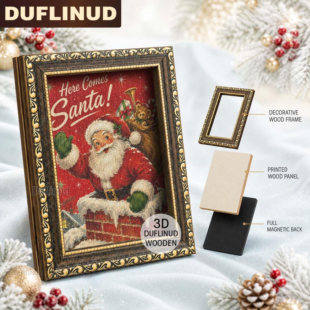 TEMU 1pc 3d Wooden Double-layer Wooden Fridge Magnet, With Christmas Theme Red Background And Santa Claus Waving Pattern, Back With Magnetic Sticker,