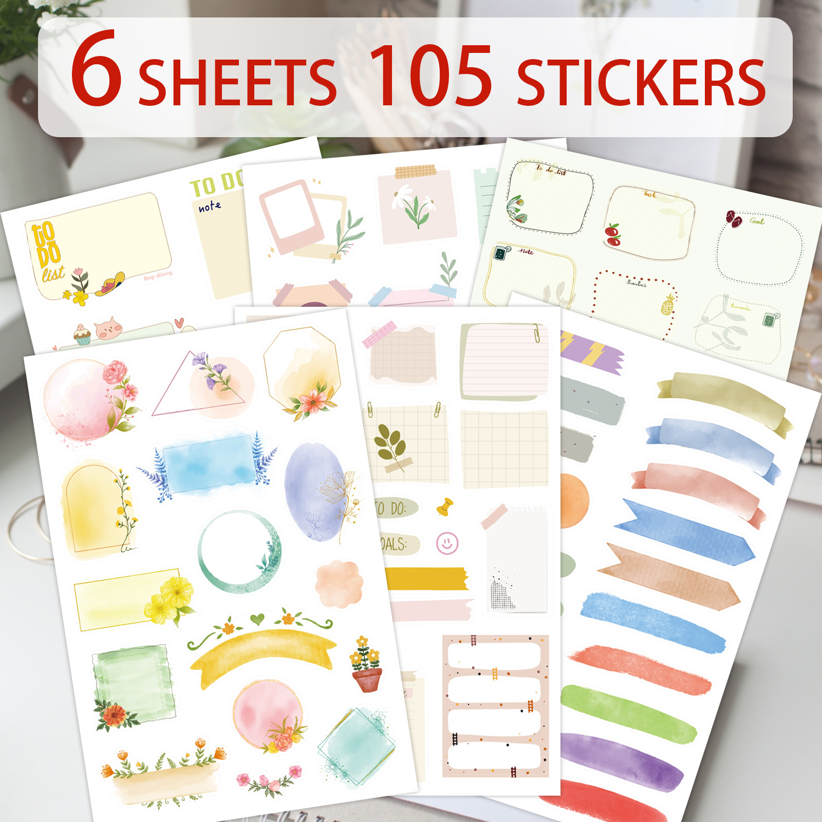 TEMU 105 Stickers/6 Feuilles - Étiquettes d'écriture, Aquarelle, Cadre d'écriture coloré, Les étiquettes sont rédactibles, Grand format, Convient aux