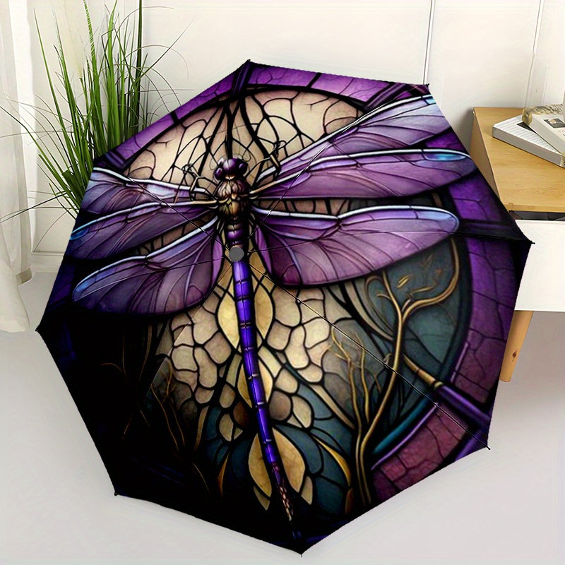 Automatic Windproof Umbrella - Purple & Golden Stained Glass Dragonfly Pattern