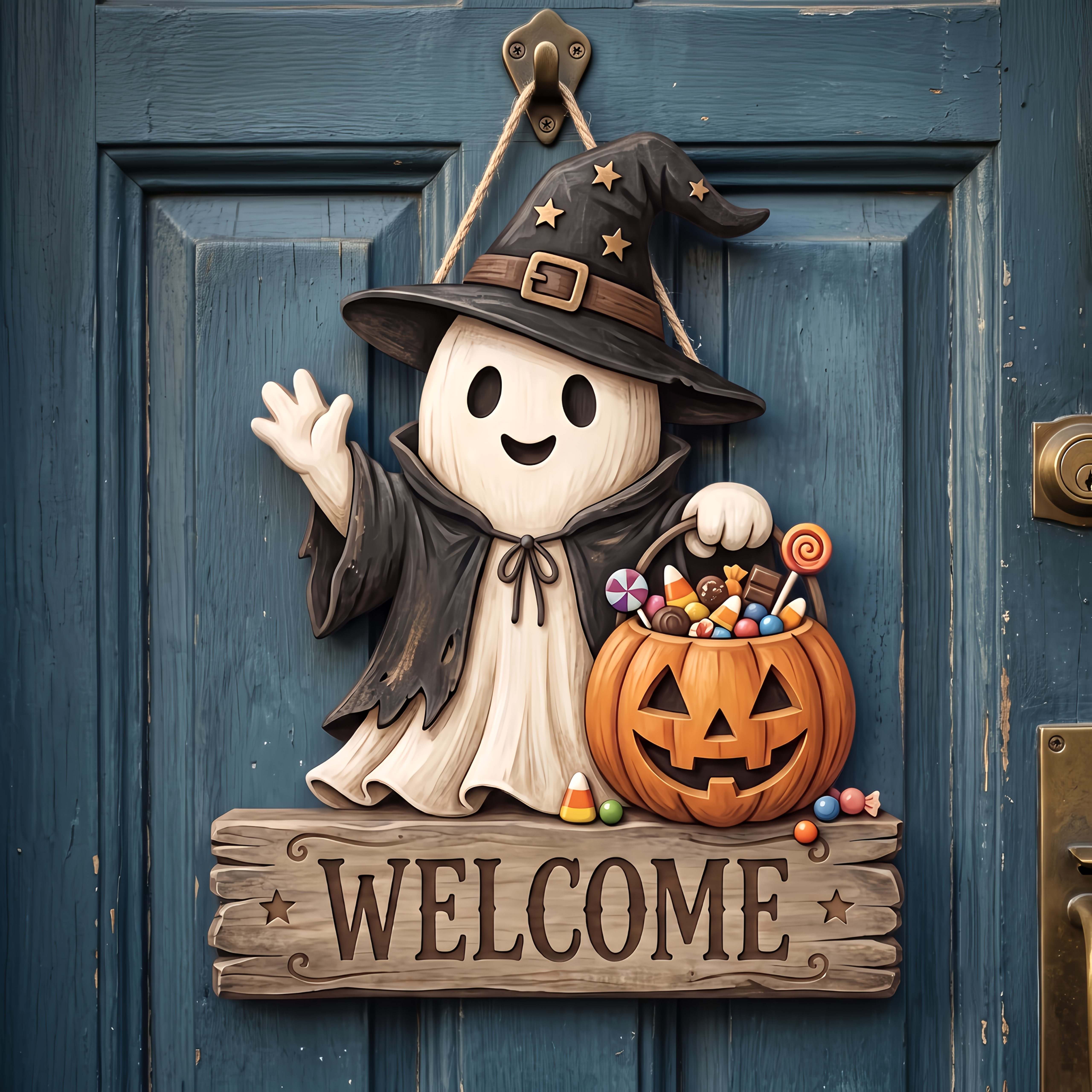 TEMU Halloween Wooden Cute Welcome Sign, Door Hanging Plaque, Wall Decoration Sign, Witch Hat, Pumpkin, Candy Decorations, Halloween Home Decor,