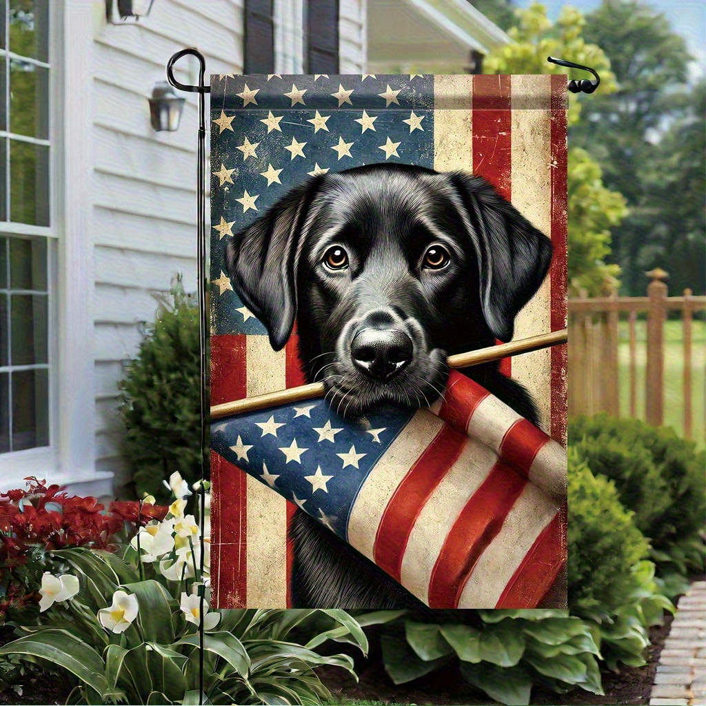 TEMU 2d Flat - 2d Flat - 2d Flat Design- 1pc Patriotic Garden Flag, Single-piece Design, Double-sided American Flag Pattern, Featuring A Dog With A