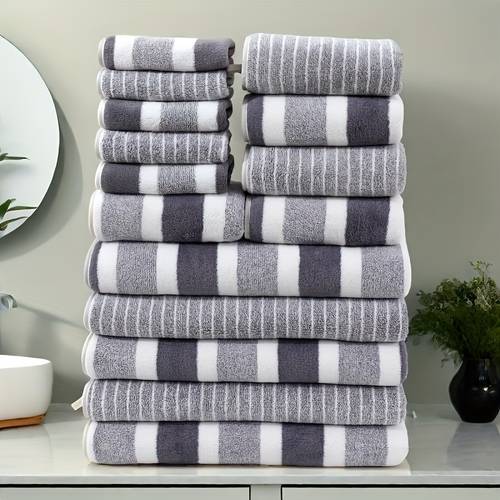8pcs luxury towel set ultra soft microfiber quick drying absorbent gray and white striped design 2 bath towels 2 hand towels and 4 face towels for a luxurious bathroom essentials modern towel set