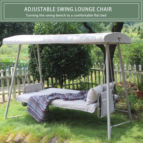 Heavy-Duty Outdoor Patio Swing Chair Bed - Convertible 3-Seater to Bed with Adjustable Canopy, Metal Frame (600lb Capacity, Steel Construction), High Quality Fabric Cushioned Seat - for Garden, Poolside, Backyard - Easy Assembly, Convertible Chair Bed, Poolside Lounging, Cozy Cushioned Seating, Durable Bearing Suspension, Powder Coating