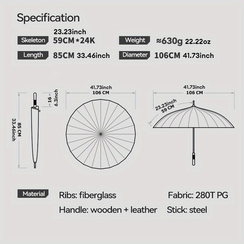  24 bone automatic long handle umbrella durable steel wood windproof rainproof black with brown accents stylish for home office office umbrella minimalist umbrella wooden handle umbrella details 1