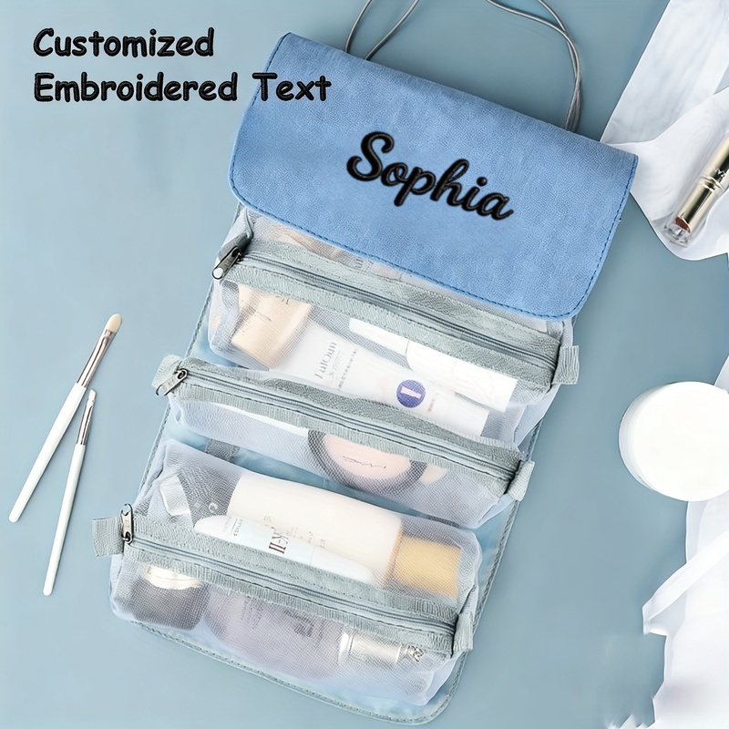 TEMU Custom Embroidered Text Personalized Toiletry Bag, Embroidered Roll-up Makeup Pouch, Foldable Portable Travel Organizer, Custom Women's Cosmetic