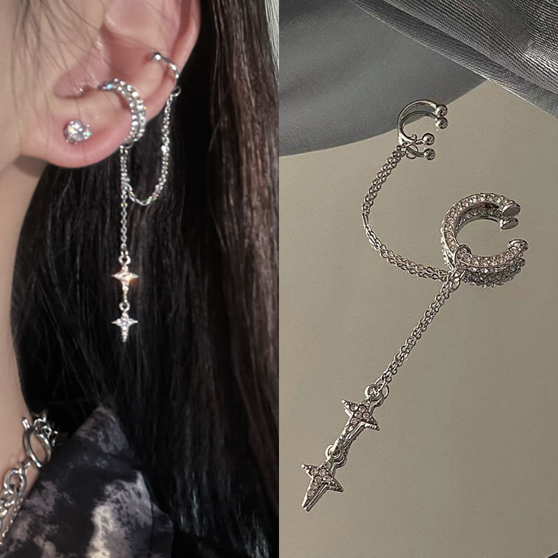 Vintage French-Inspired Star Tassel Ear Cuff - Silvery Alloy with Cubic Zirconia, Perfect for Valentine's Day & Anniversary Gifts