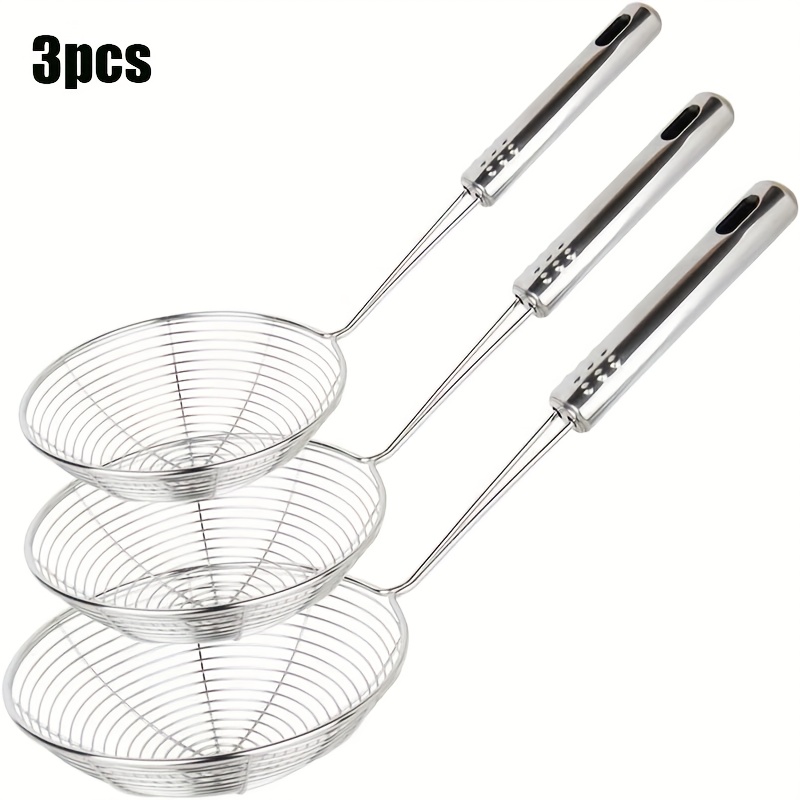 TEMU 3pcs Stainless Steel Strainer, Asian Slotted Spoon, Stainless Steel Slotted Spoon With Handle, Suitable For Kitchen Fried Foods, Pasta, Thin