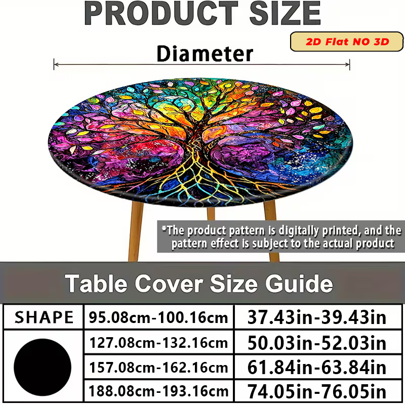 TEMU 2d Flat, 1pc Elastic Tablecloth Vibrant Psychedelic Tree Of Life Elastic Tablecloth Oval Design, Circular Tablecover For Indoor, Outdoor, Patio,