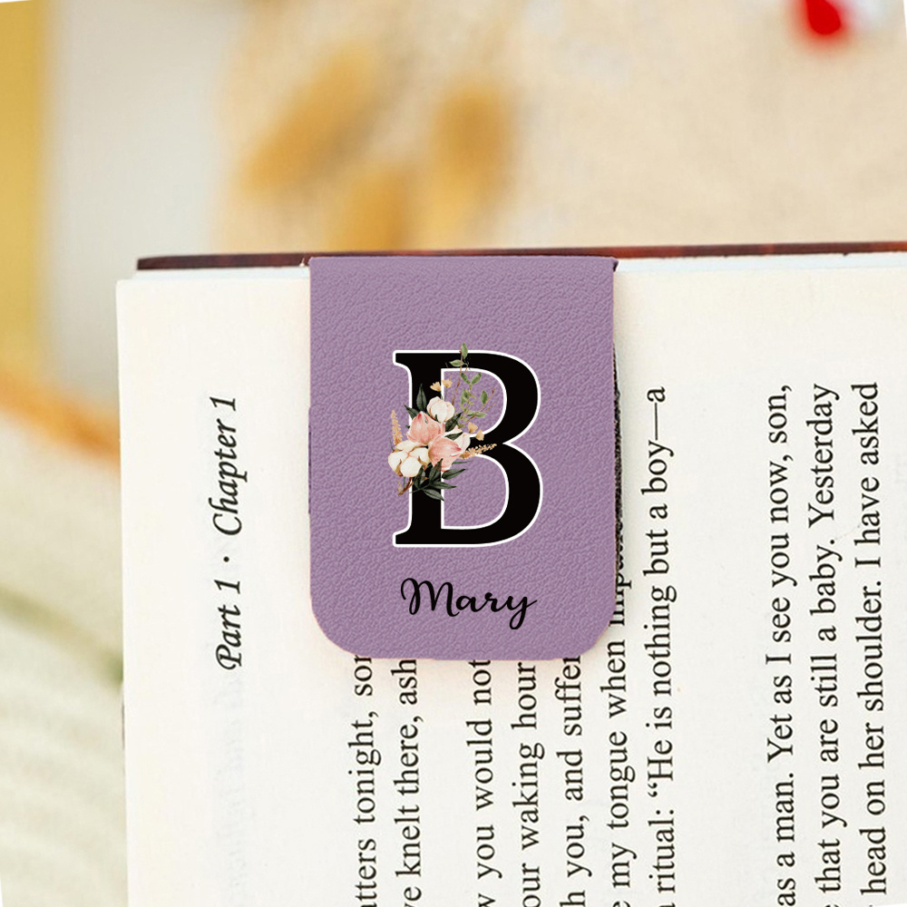 TEMU 1pc Fashionable Floral Letter Design Bookmark, Customized Pu Leather Bookmark, Personalized Magnetic Bookmark, Book Friend Birthday Gift, Book