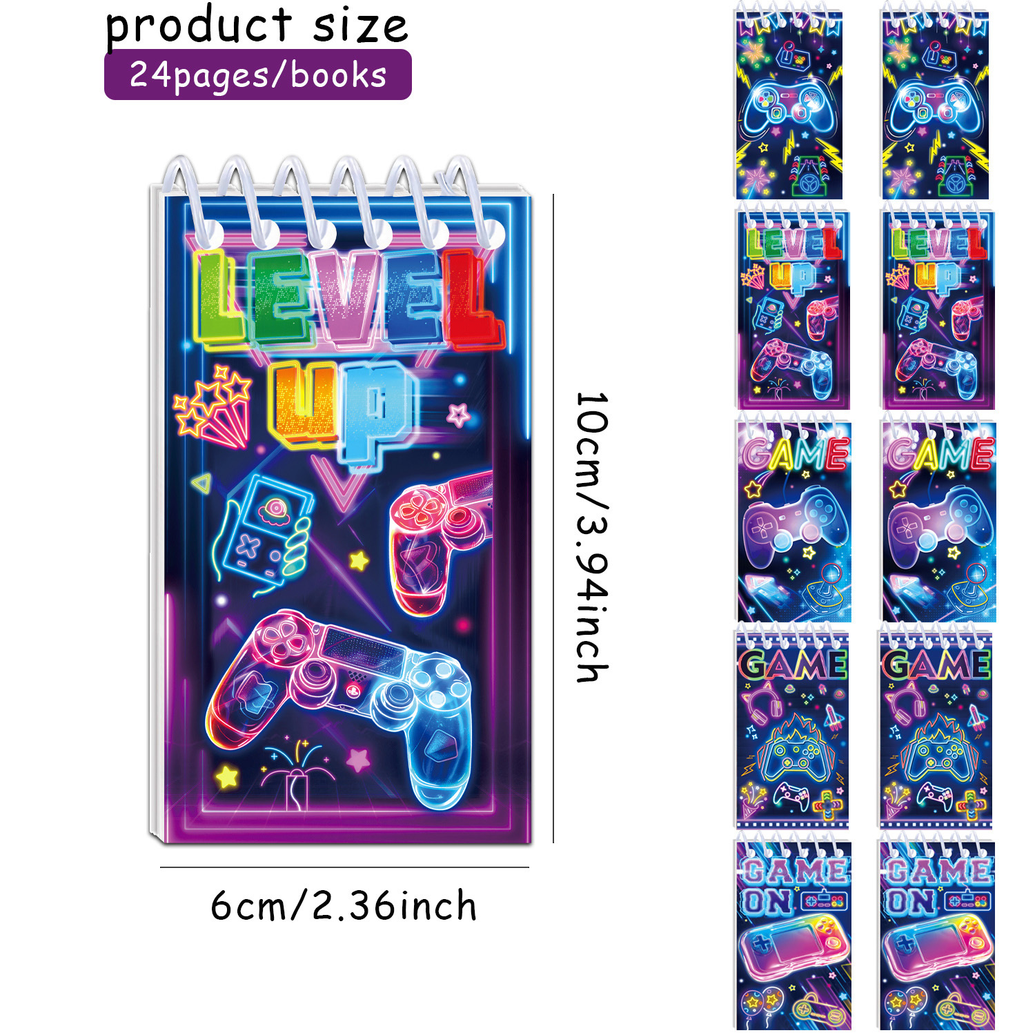 TEMU Lot de 10 mini carnets de notes spirale 10x6cm avec imprimé de jeu fluo, blocs-notes de poche portables, ensemble de 24 pages style esports pour