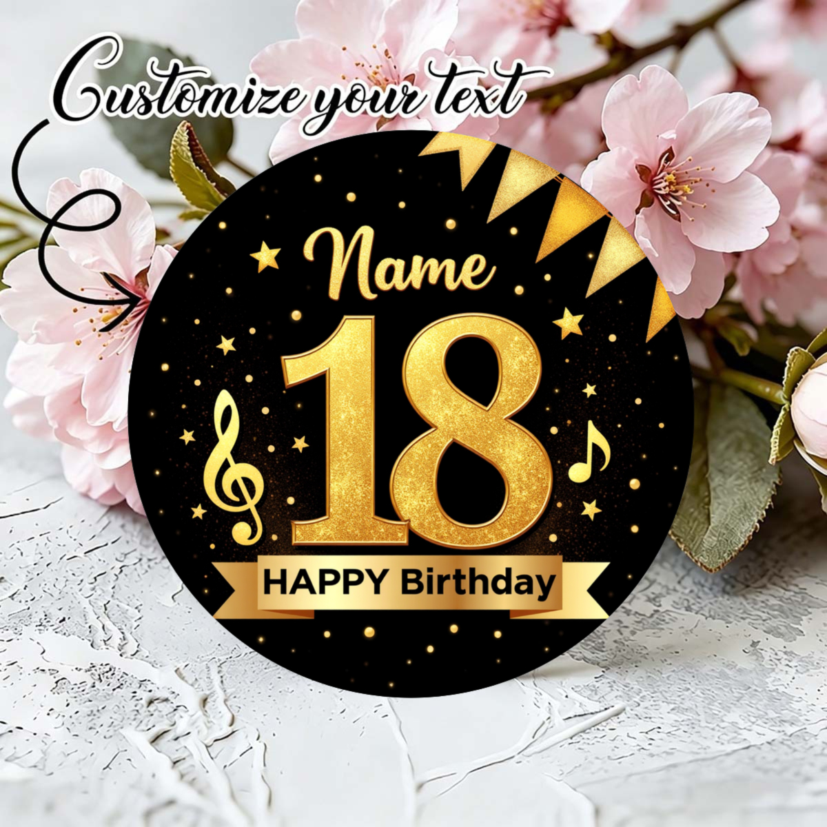 TEMU Adesivo personalizzato con testo, design per il 18簞 compleanno, e oro, motivo con note musicali e , per decorazioni di feste, topper per torte,
