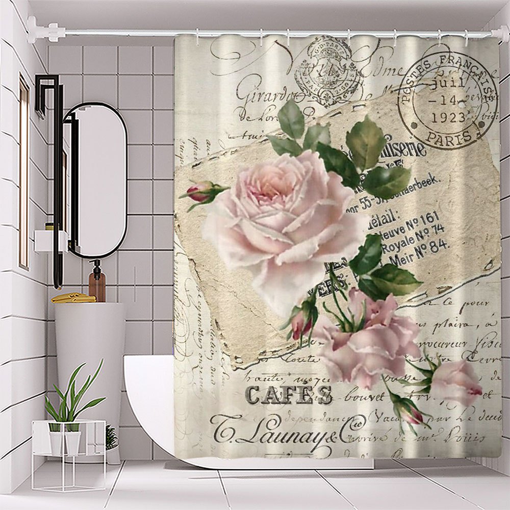 

Floral Envelope Design Waterproof Shower Curtain With Hooks - Machine Washable Polyester Bathroom Decor