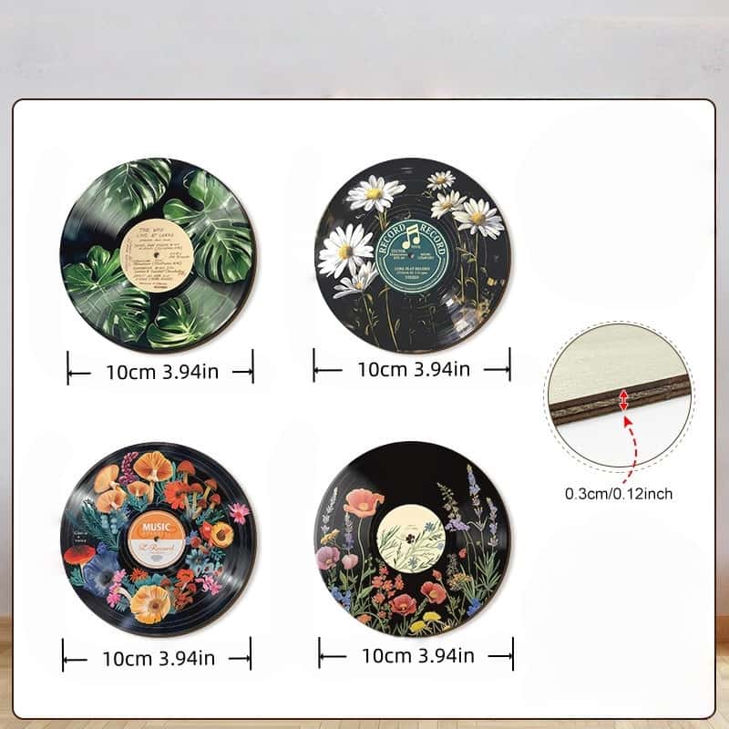 TEMU 4pcs Set Of Record Round Wooden Tags, Style, Suitable For Bars, Farmhouses, Home Wall Decor, Solid Wood Craft With Natural Texture, Classic