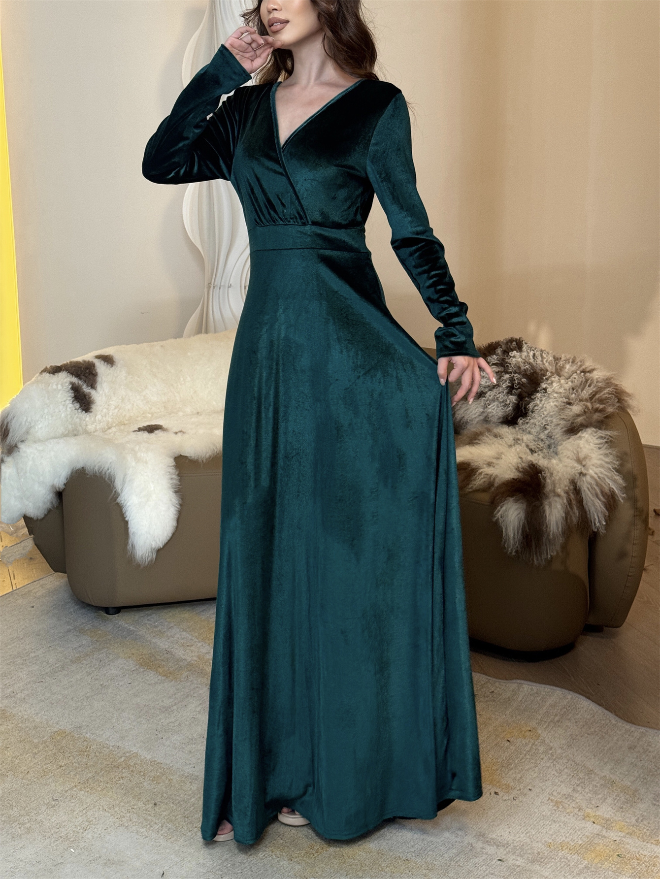 Velvet Long Sleeve Dress Women's - Loose Fit V-Neck, Tiered Ruffle Hem,  High Waist For Fall & Party V Neck Ruffle Dress 2025