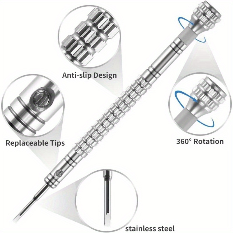 5pcs professional screwdriver set with 5 interchangeable blades - ergonomic handles, precision & flathead bits for watches, jewelry, glasses, toys repair - compact case, no power required, durable manual tool kit for diy & (  options), screwdriver all in one, screwdriver bit set, screwdriver for crafts, screwdriver kit, screwdriver set magnetic, watch repair, jewelry maintenance,   driver,   bits, sturdy construction, hobbyists and crafters Product details 2