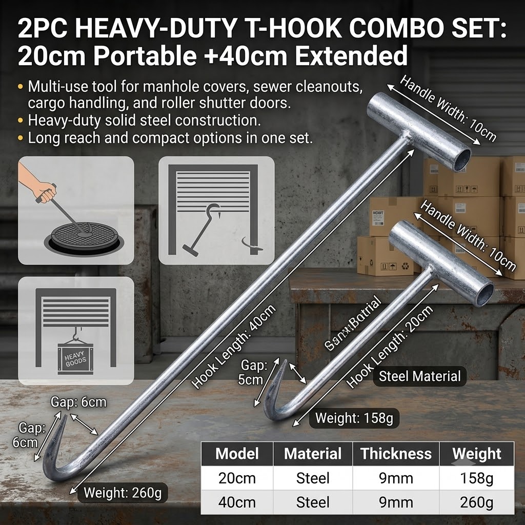 TEMU 2pcs, Steel T-hooks, Long And Short Dual-use Set (40cm Extended Style And 20cm ) Cover Lifter Roller Shutter Hook Sewer Cleaning Goods Tool