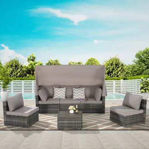 5pcs outdoor patio wicker daybed furniture set with retractable canopy side table and soft cushions for relaxing in or porch