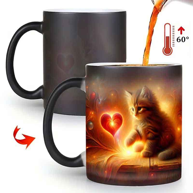 1pc Magical Kitten & Glowing Heart Heat Sensitive Color Changing Mug, 11oz Ceramic Coffee Tea Cup, Novelty Gift Mug