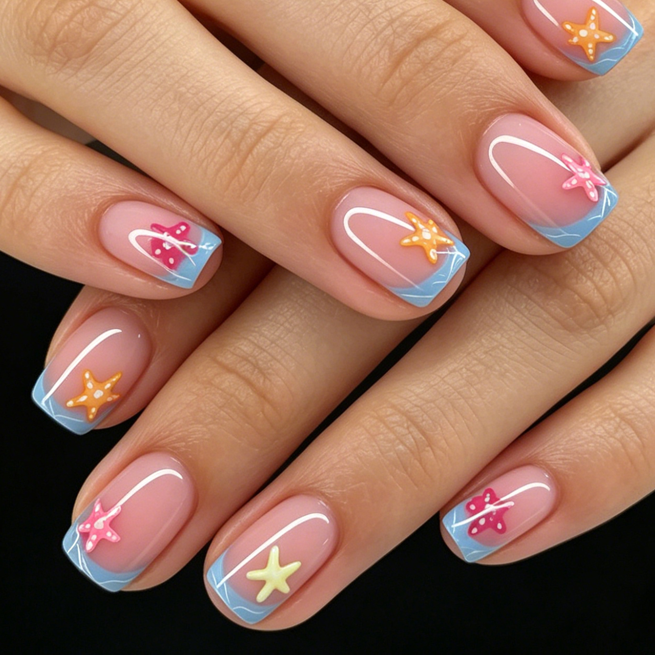 TEMU Mejora tu belleza 24 uñas postizas cortas cuadradas , de uñas y elegante, color , colorida, , azules, rayas, uñas brillantes y lustrosas, a ,