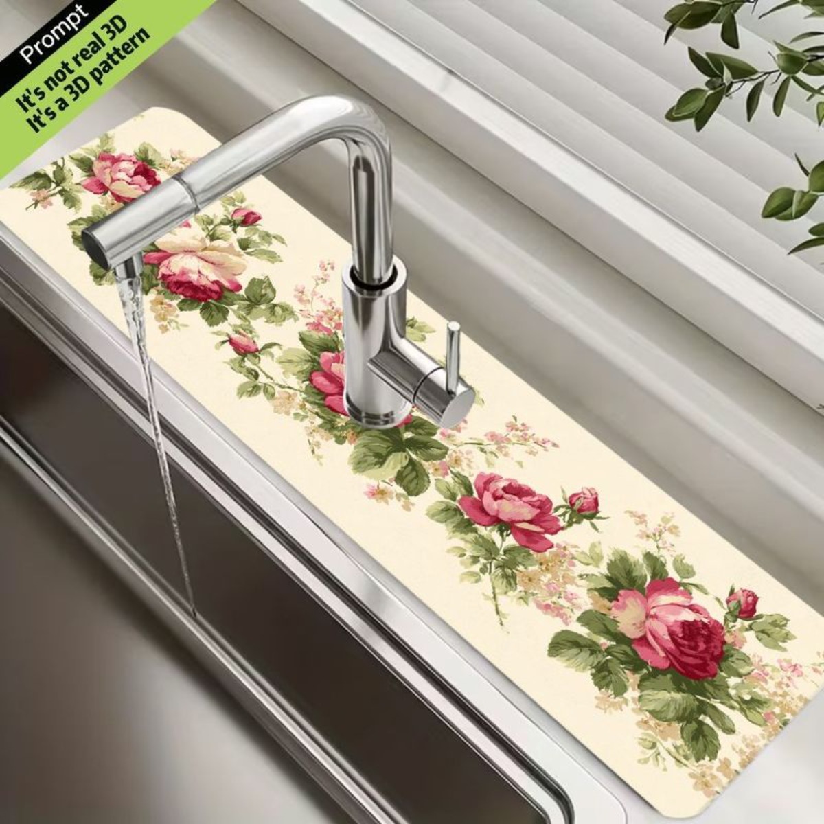 TEMU 1pc Pink Rose And Green Leaves Sink Mat | Absorbent Mat, Kitchen Sink And Drainage Areas, Home Decor, Valentine's Day, , Mother's Day Gift,